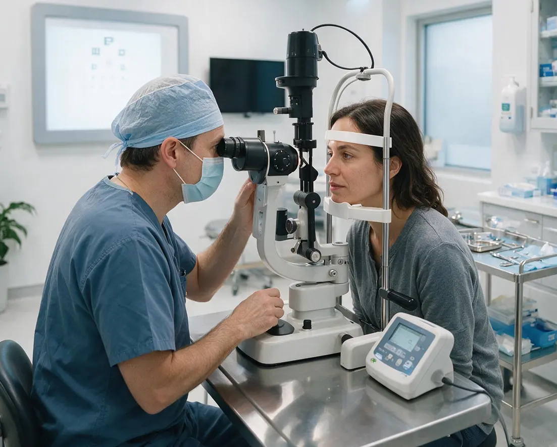 An ophthalmologist examining a patient's eyes with a slit lamp